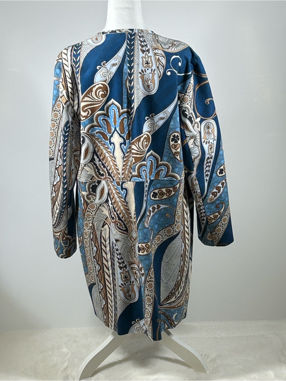 Chico’s Faux Suede Paisley Topper Duster Jacket Blue Brown Open Front - Picture 5 of 10